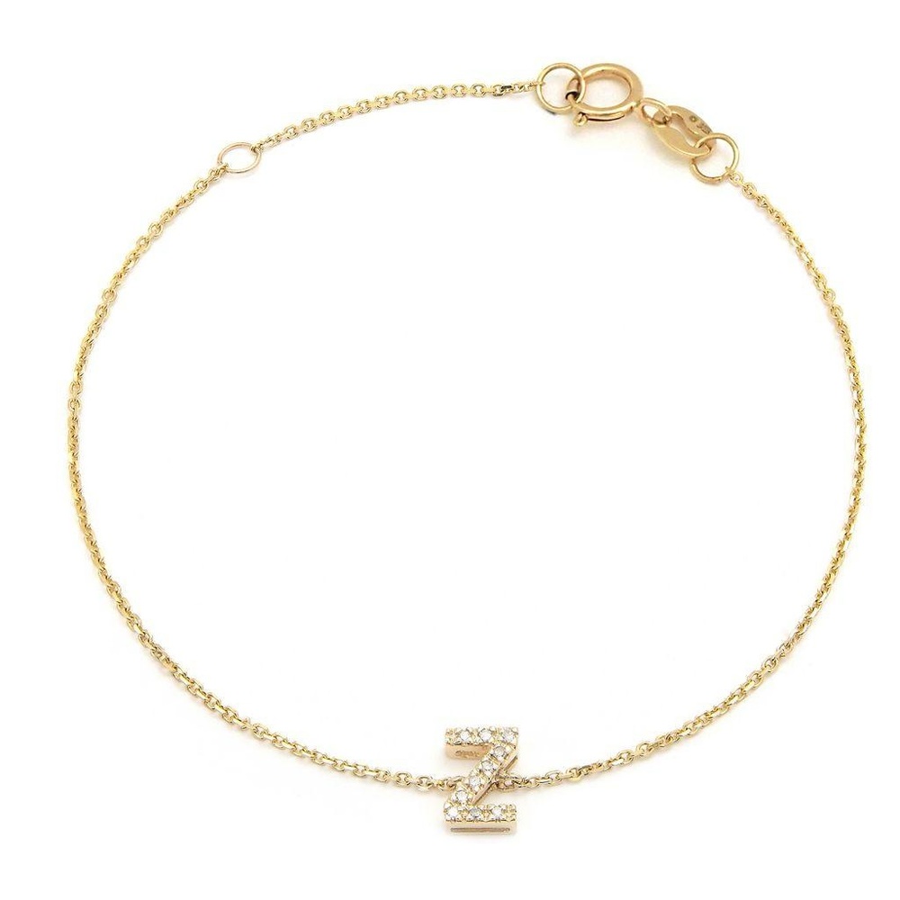 14K Real Yellow Gold Initial ”Z” Single Prong Diamond Bracelet 7+1″